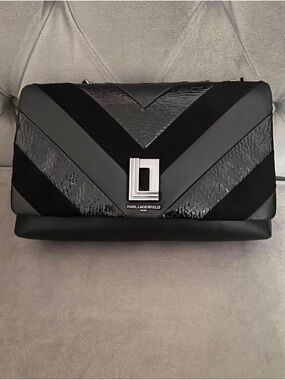 Karl Lagerfeld Black Chevron Mixed-Material Shoulder Bag